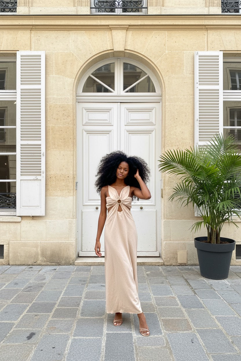 VESTIDO LARGO LISO FLOR CRUDO