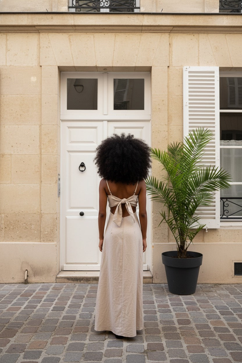 VESTIDO LARGO LISO FLOR CRUDO