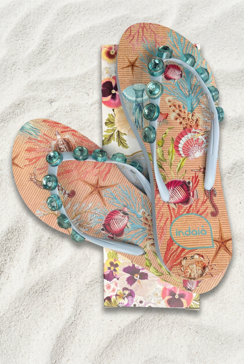 Sandalias con caja floral sobre arena blanca