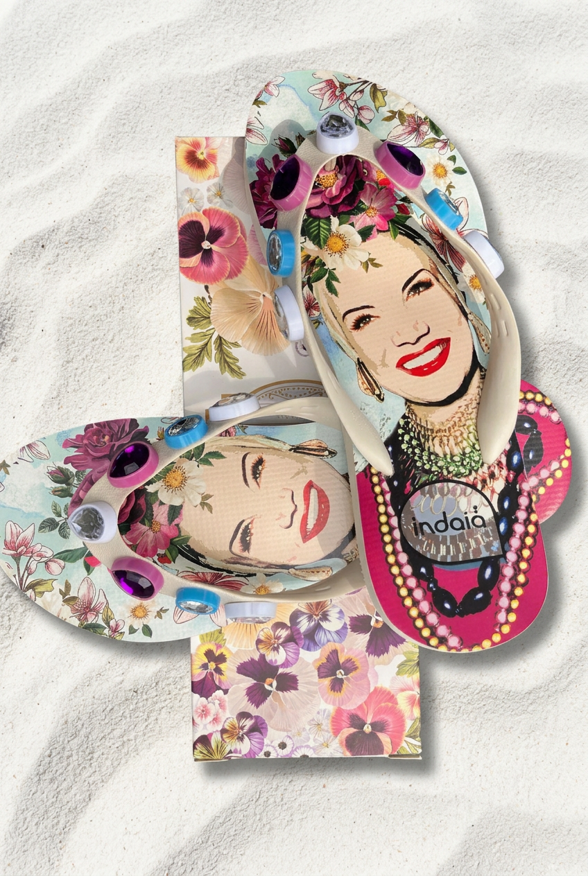 Sandalias con caja floral sobre arena blanca