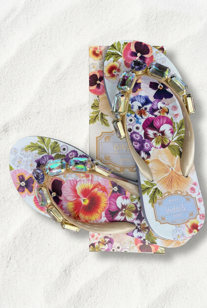 Sandalias con caja floral y fondo de arena blanca