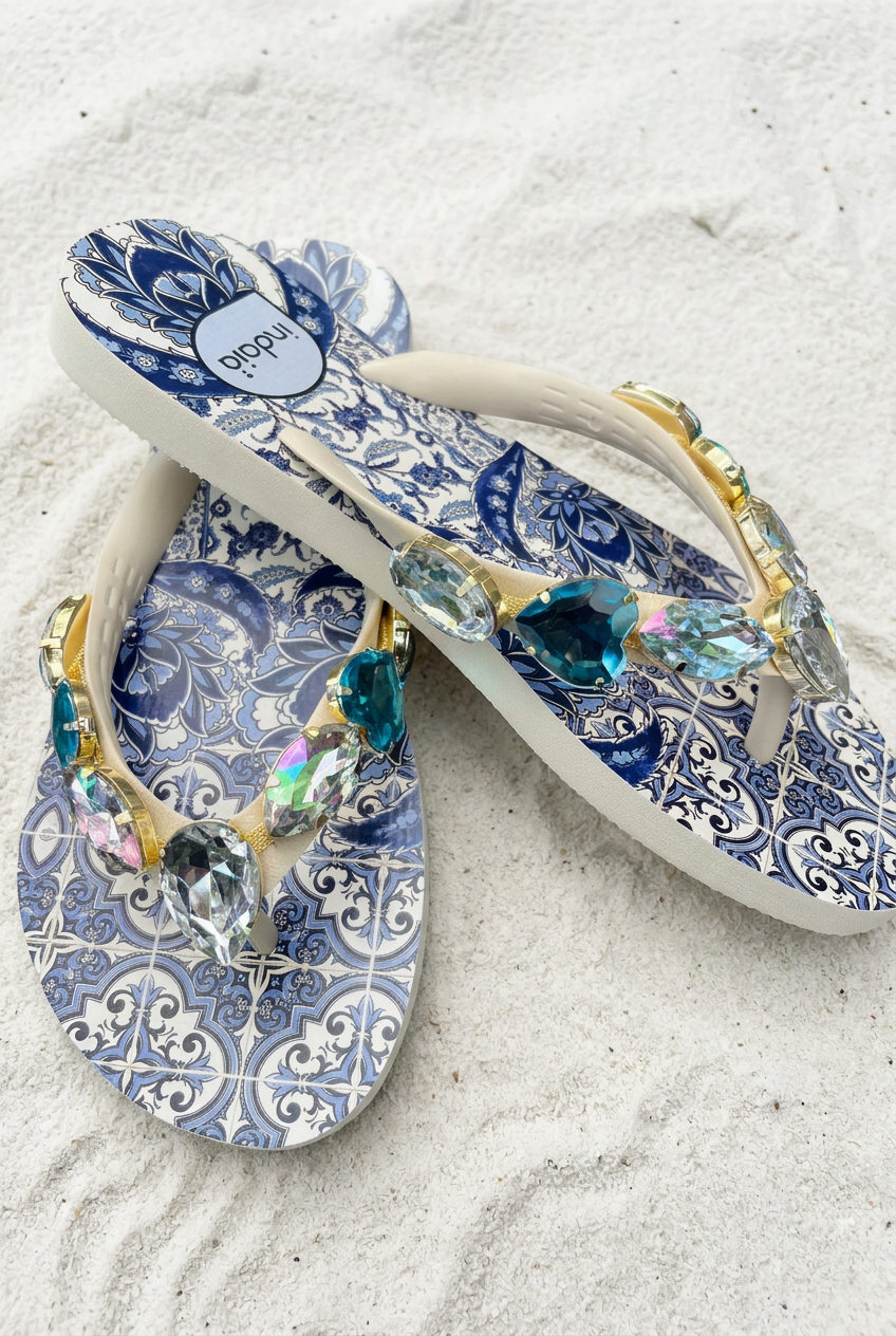 Sandalias cruzadas sobre arena blanca