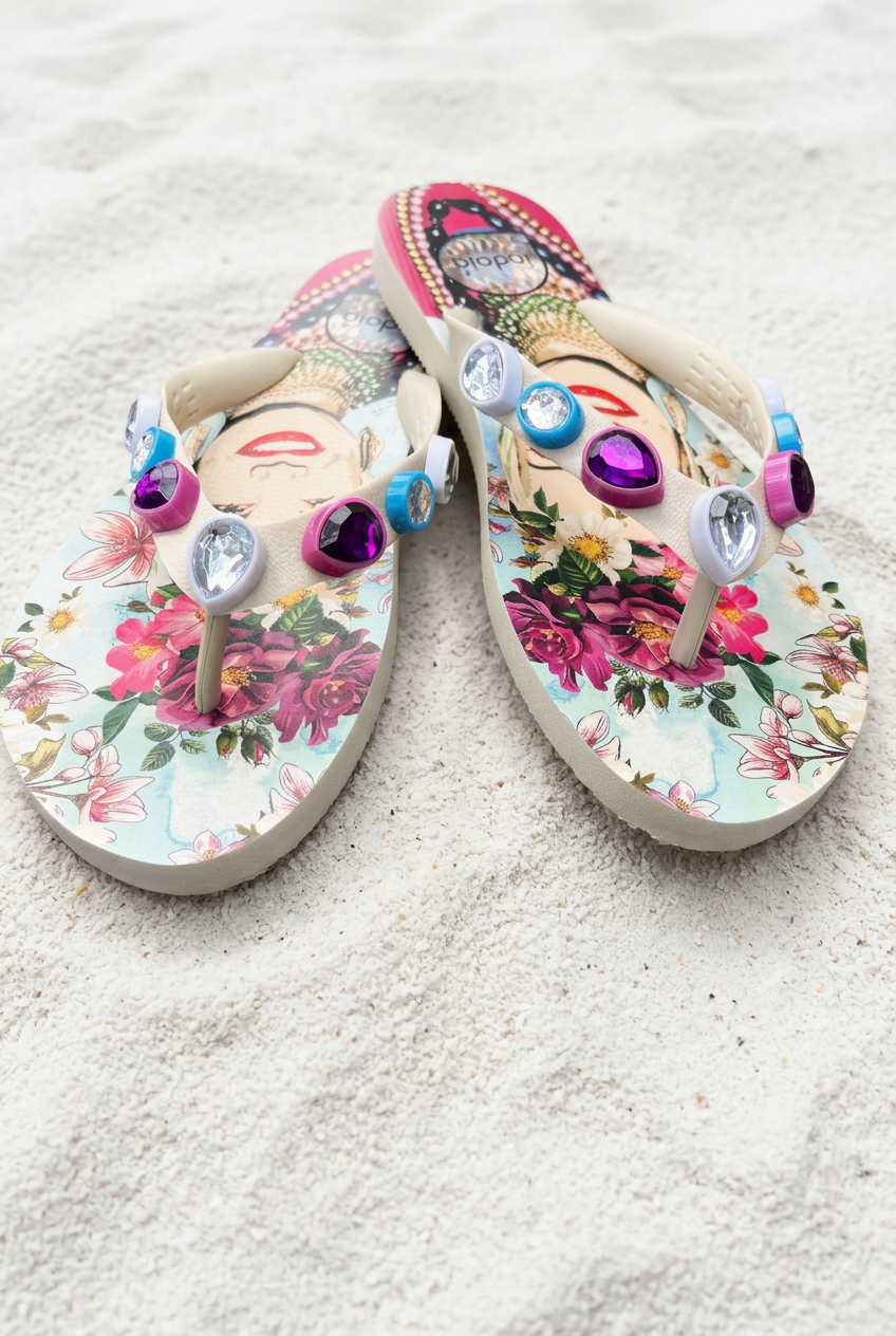 Sandalias cruzadas sobre arena blanca