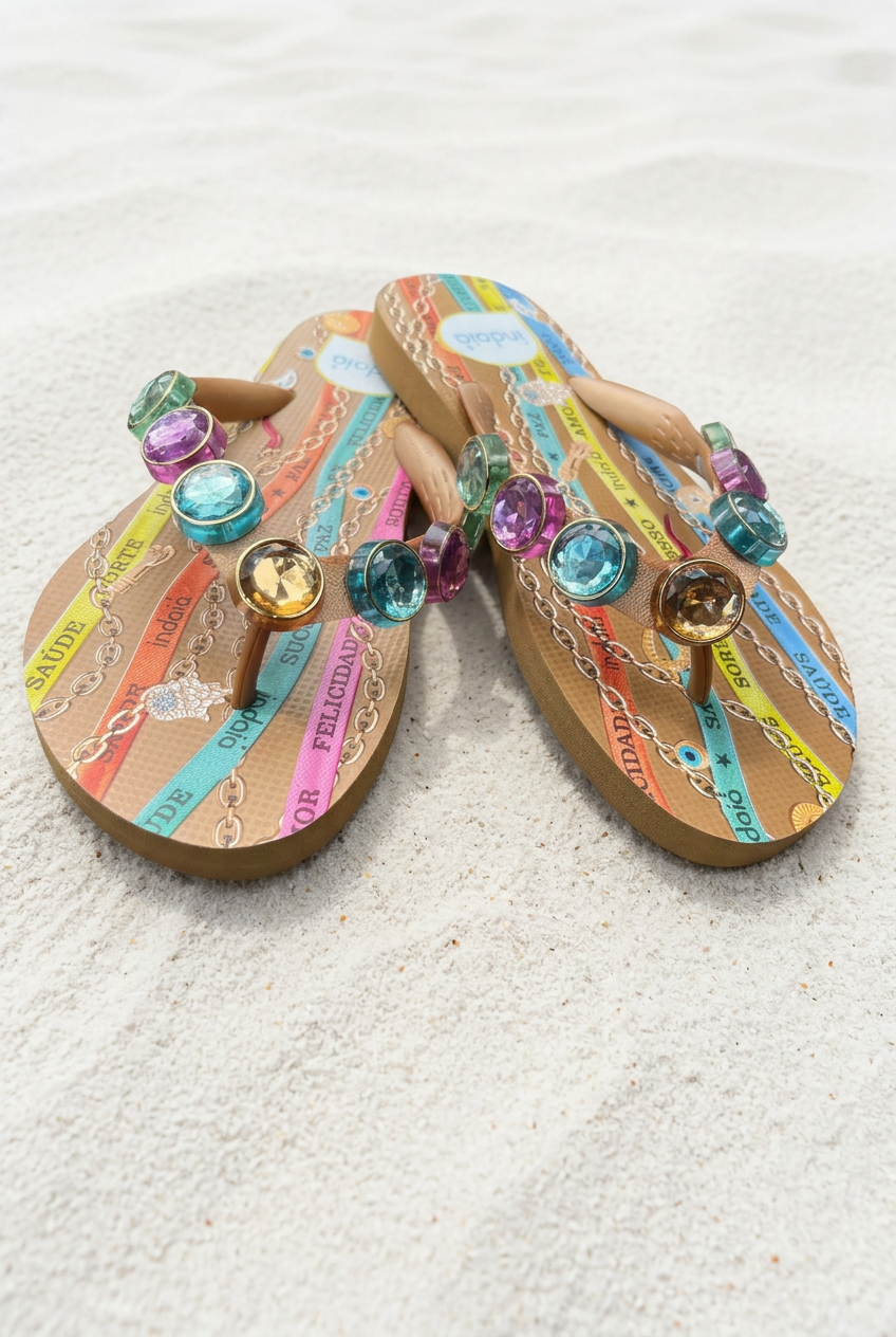 Sandalias cruzadas sobre arena blanca