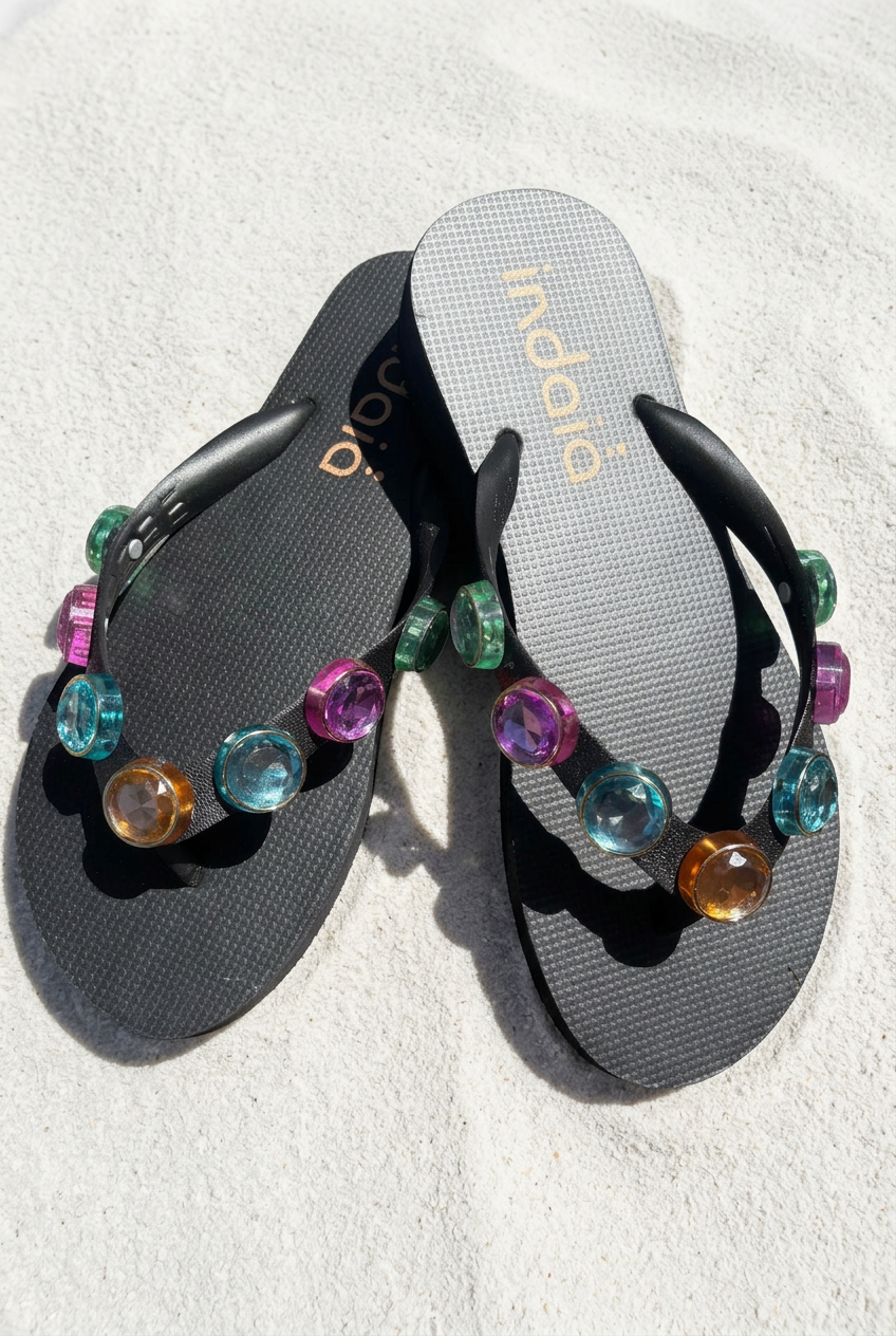 Sandalias superpuestas sobre arena blanca